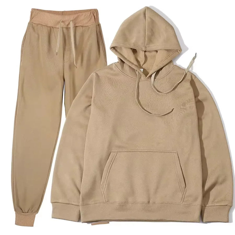 Unisex solid color fleece hoodie and pants two‑piece sports set for autumn and winter beige 02