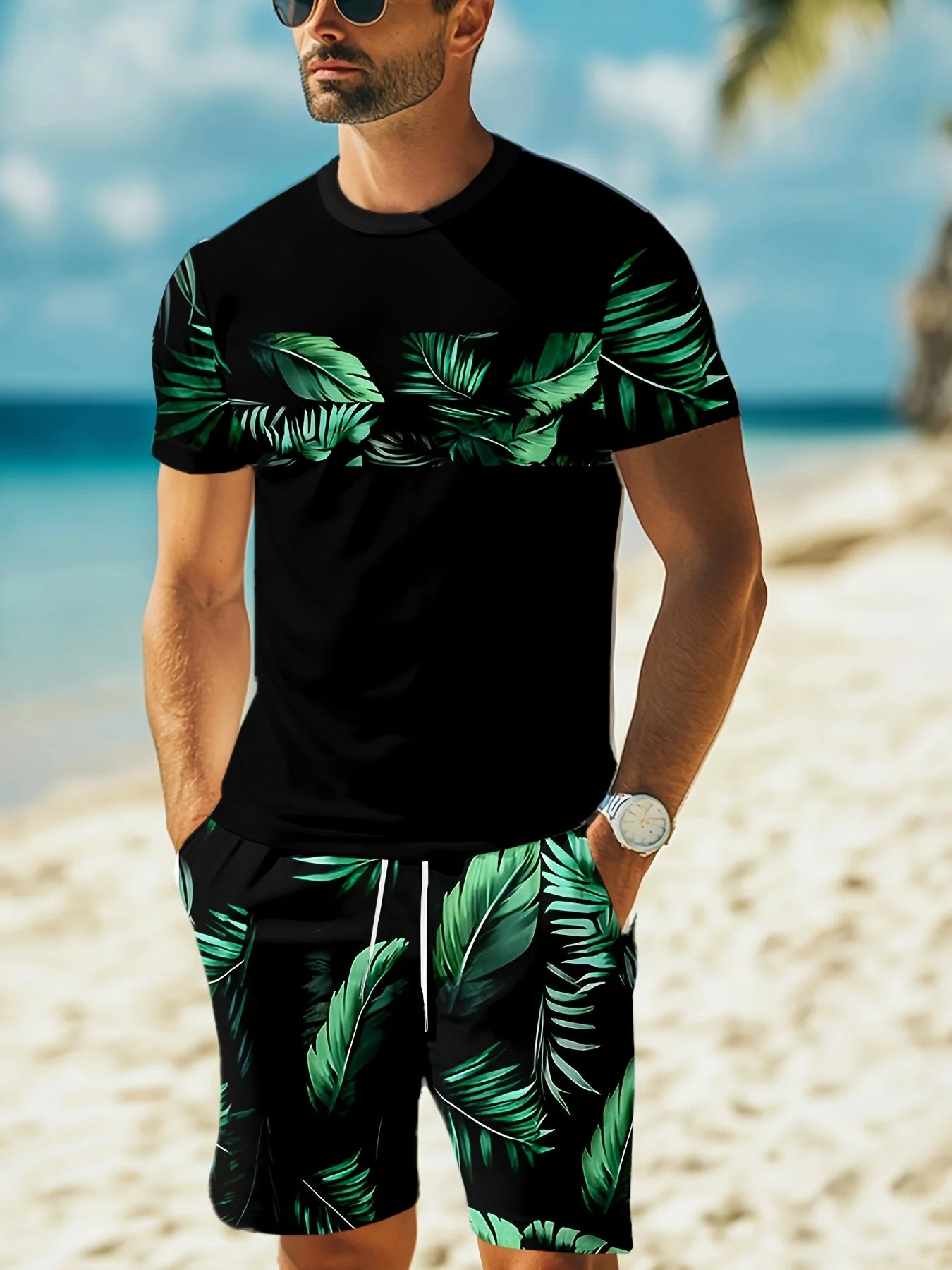 Men's Summer Fashion Casual Loose-Fit Set Plus Size Coconut Grove Print Crew Neck Short Sleeve Drawstring Shorts Two-Piece Set