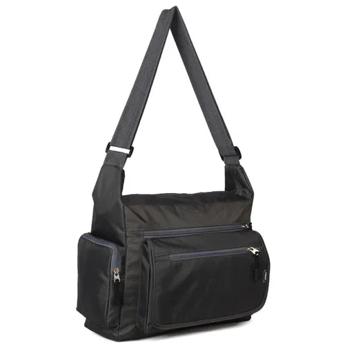 Black shoulder bag with a strap on a white background