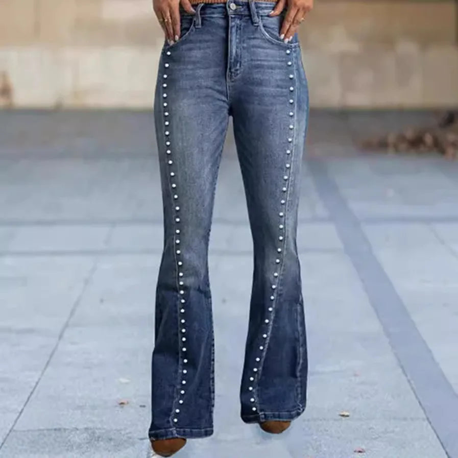 2026 Denim Flare Pants Women Jeans Boot Cut Streetwear Rivet Pockets Button High Waist Stretch Distressed Washed Skinny Trousers