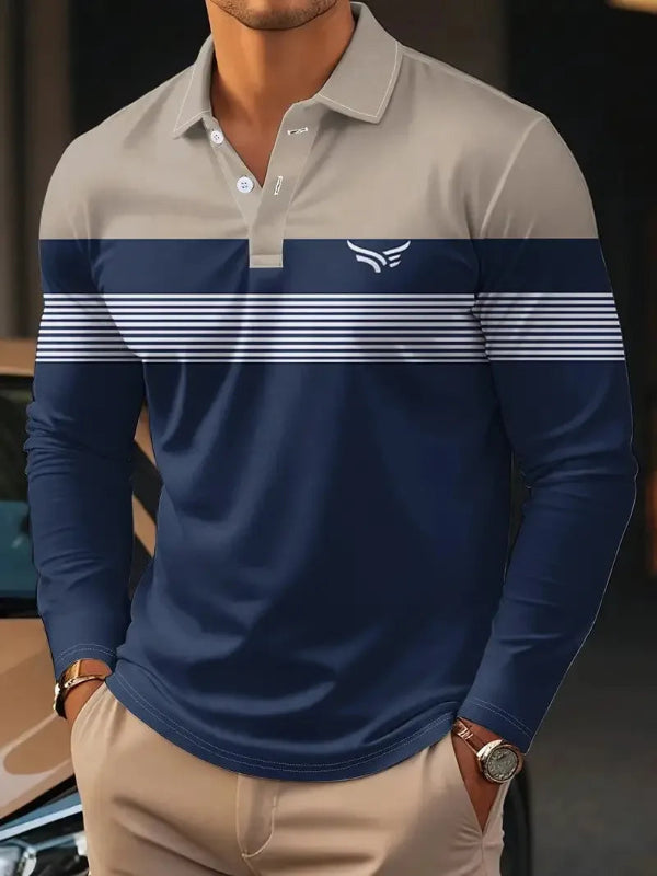 Man wearing a long-sleeve polo shirt with a brand logo, standing next to a car.