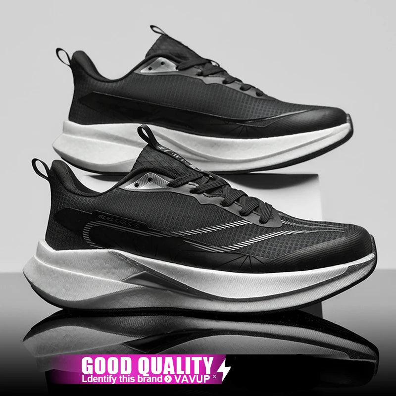 Black and white athletic shoes with a promotional banner at the bottom.