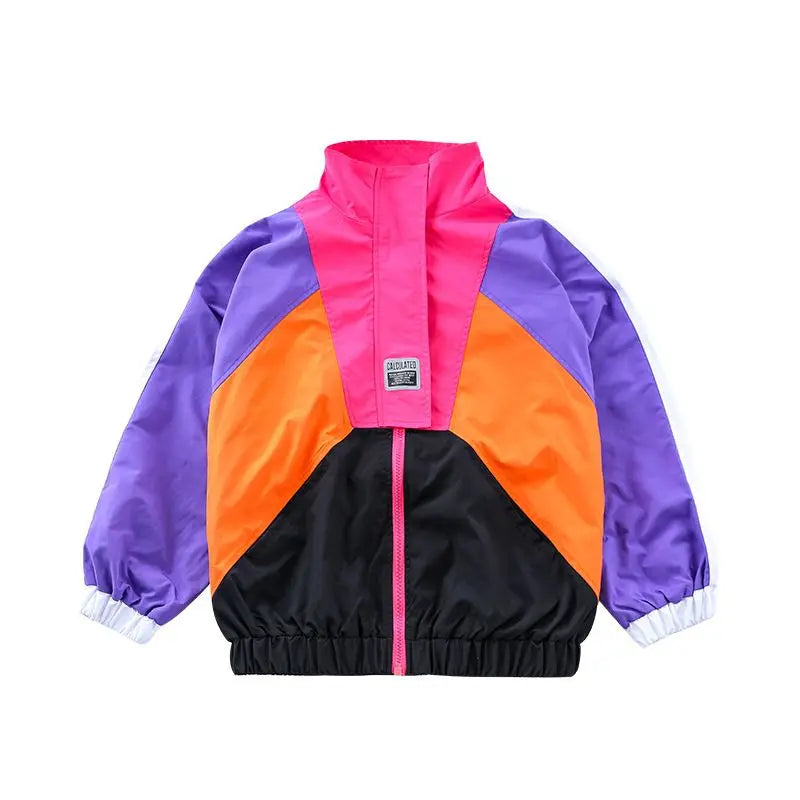 Colorful jacket with pink, orange, purple, and black sections on a white background