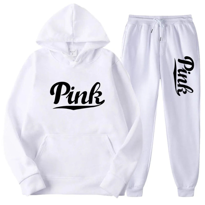 White hoodie and pants set with 'Pink' text on a white background
