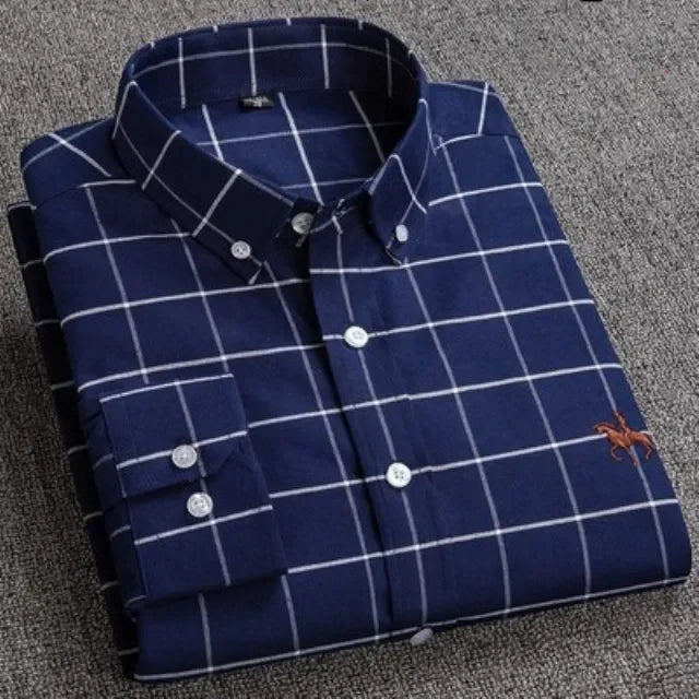 Men’s Oxford Cotton Shirt – Long Sleeve Embroidered Horse Design