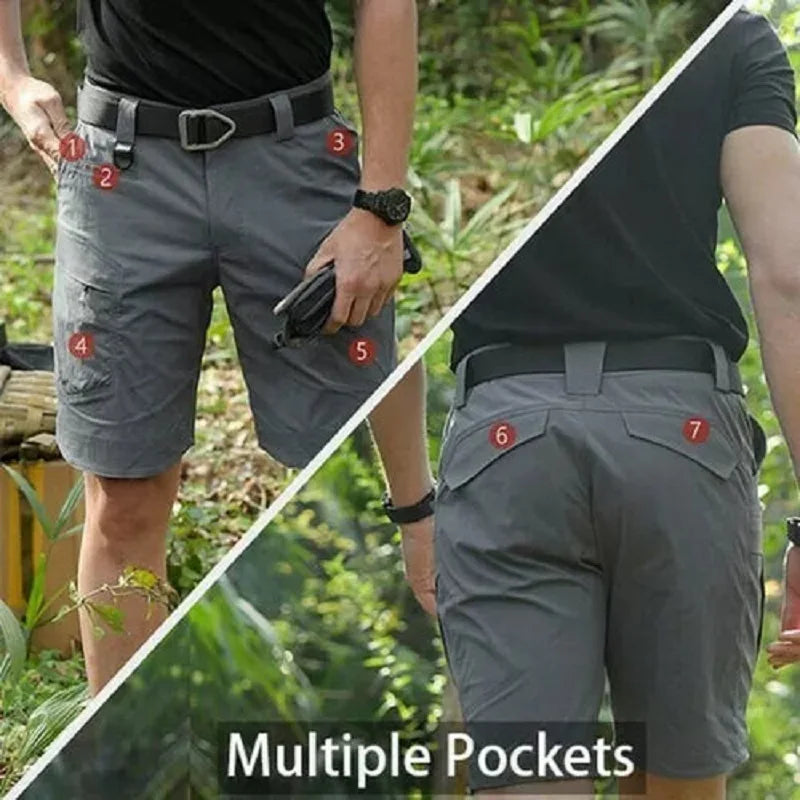 Gray shorts with multiple pockets shown from front and back, outdoors.