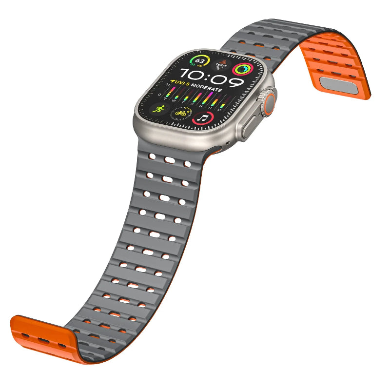 The image shows a variety of magnetic straps for Apple Watches in different colors, with a prominent orange strap displayed in detail, along with options for different watch models.