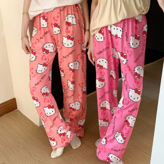Hello Kitty women’s summer pajama pants with cute cartoon print, loose casual fit, perfect for lounging 