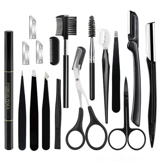 Set of black eyebrow grooming tools including scissors, tweezers, and a pencil on a white background.