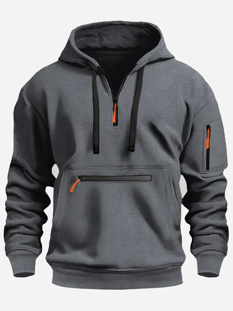 Gray hoodie with black and orange zippers on a white background