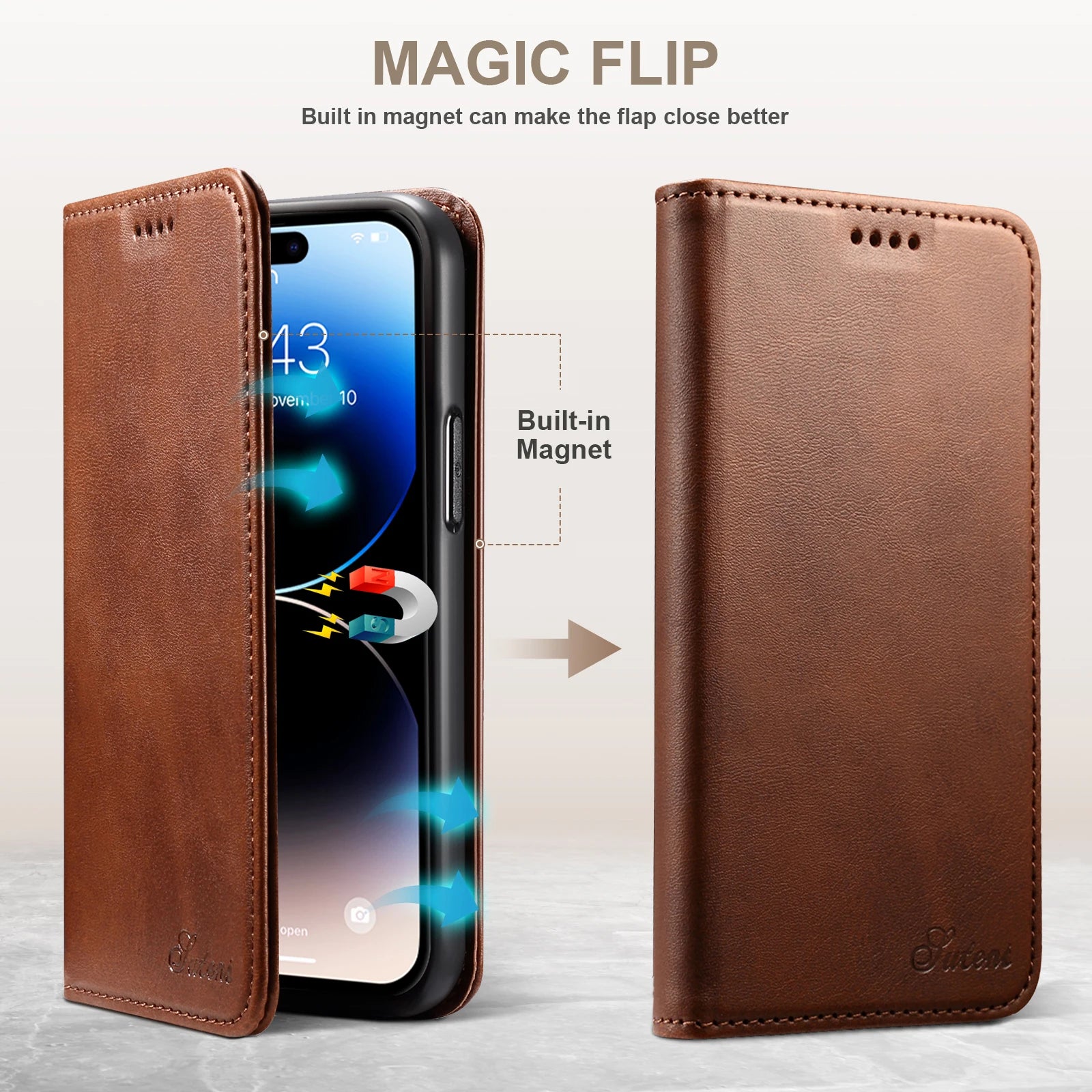 Brown phone case with magnetic feature on a white background