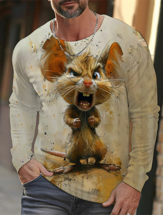 Man wearing a long-sleeve shirt with a cartoonish cat design on a blurred background