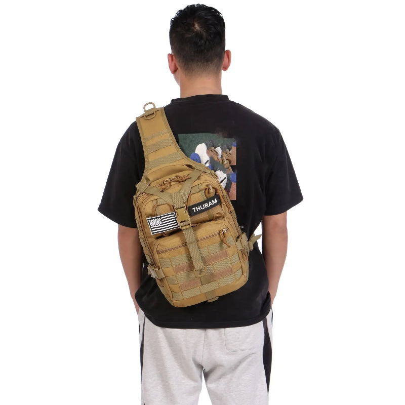 Person wearing a tan backpack with an American flag patch on a white background