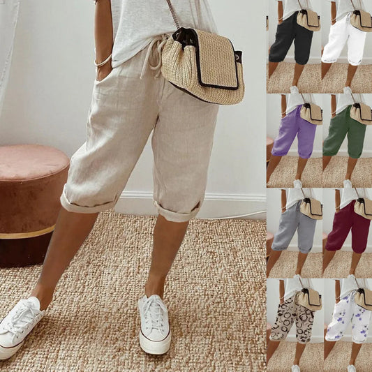 Person wearing beige shorts and white sneakers with a straw bag, surrounded by multiple images of the same outfit.