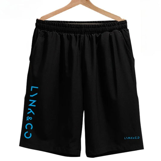 Black shorts with 'LYNK & CO' branding on a hanger against a white background