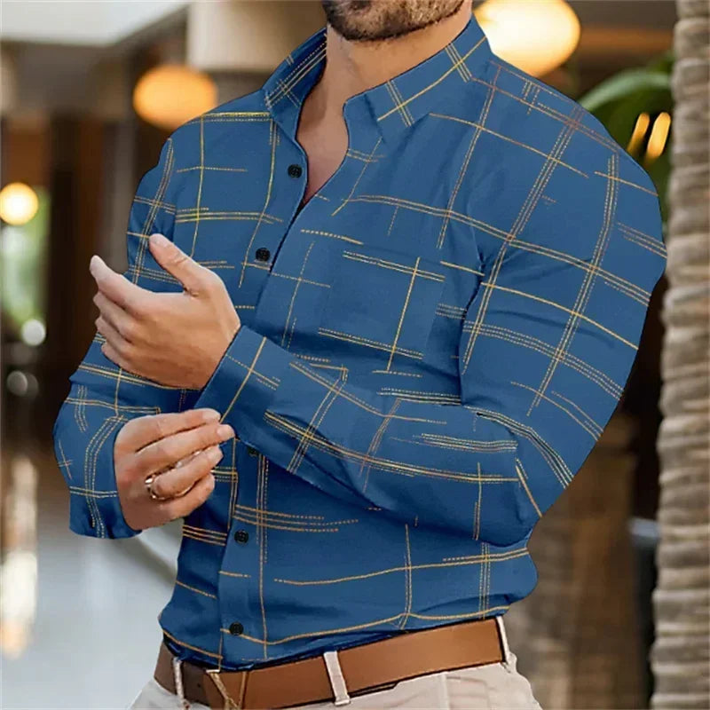 Man wearing a blue checkered shirt with blurred background