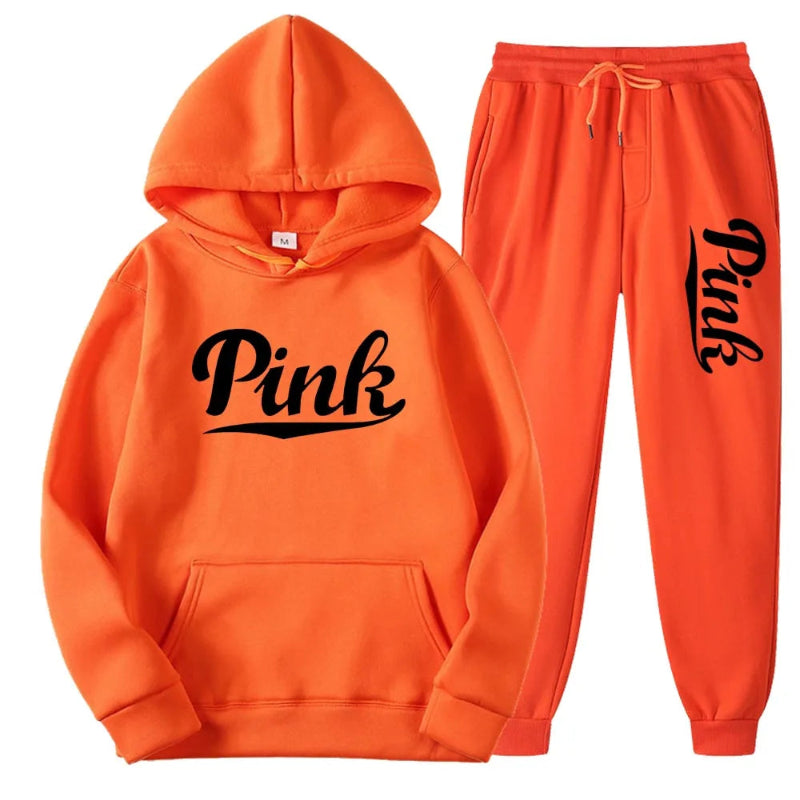 Orange hoodie and jogger pants set with 'Pink' text on a white background