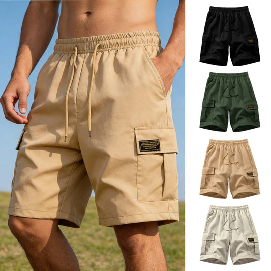 Beige shorts worn by a person with additional shorts displayed in different colors on the right.
