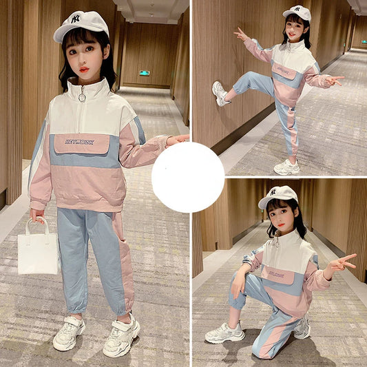 Collage of a young girl in a colorful outfit posing in a hallway.