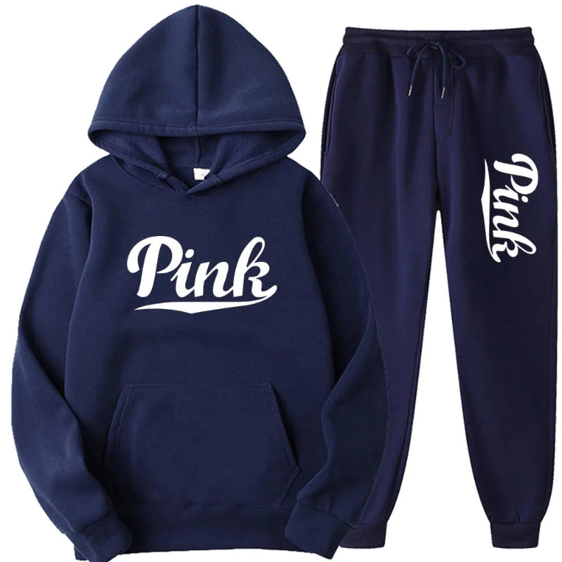 Navy blue hoodie and jogger pants set with 'Pink' text on a white background