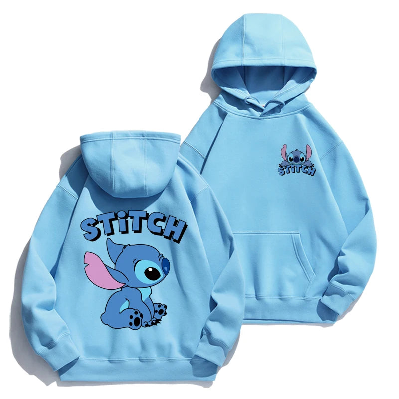 Loose fit Stitch cartoon hoodie with anime design, cozy for autumn/winter, perfect for couples or fans of cute American-style hoodies blue and blue stitch