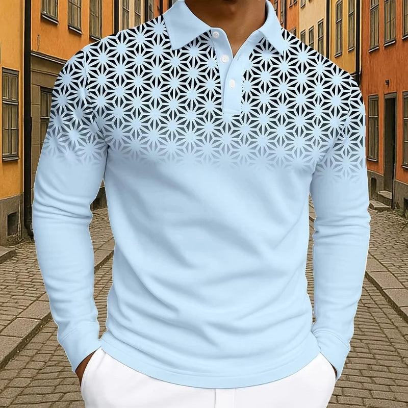Light blue long-sleeve shirt with geometric pattern on a street background