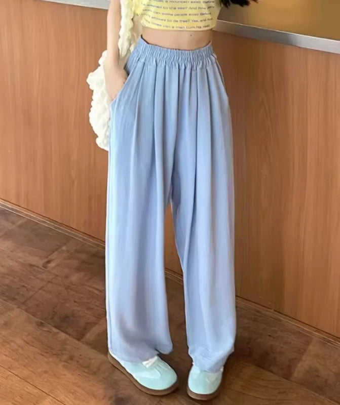 Women’s ankle‑length ice silk wide‑leg pants with elastic waist in solid color blue