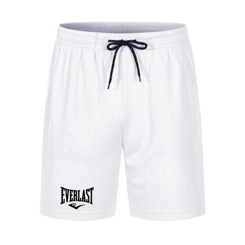 White shorts with a black drawstring and Everlast logo on a white background