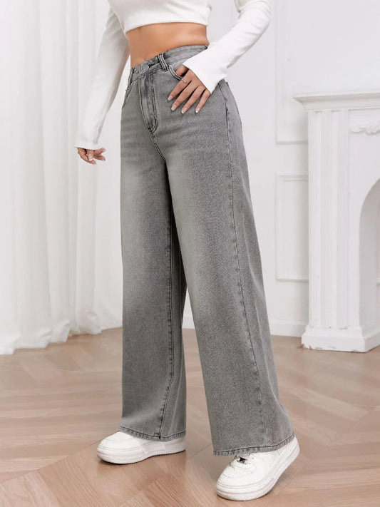Women’s washed sky gray wide leg relaxed fit trendy denim jeans