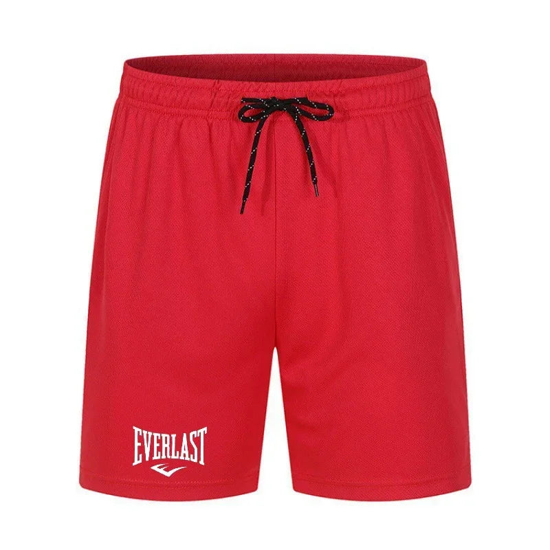 Red shorts with a black drawstring and 'Everlast' logo on a white background