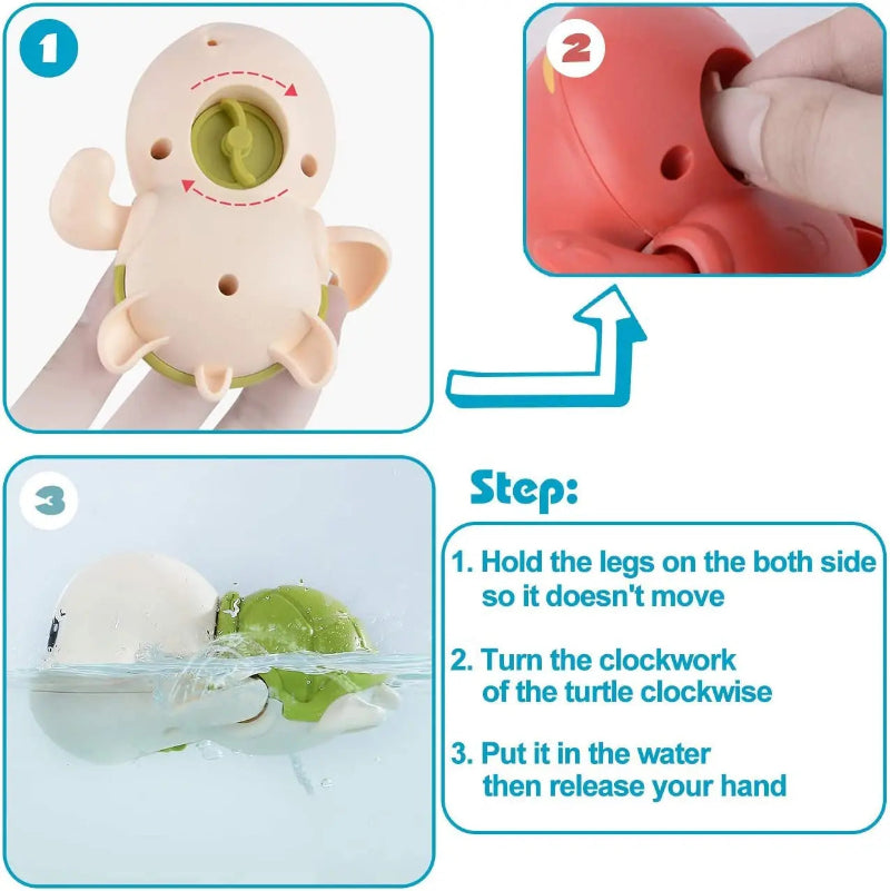 Instructions for using a turtle-shaped toy with a clockwork mechanism.