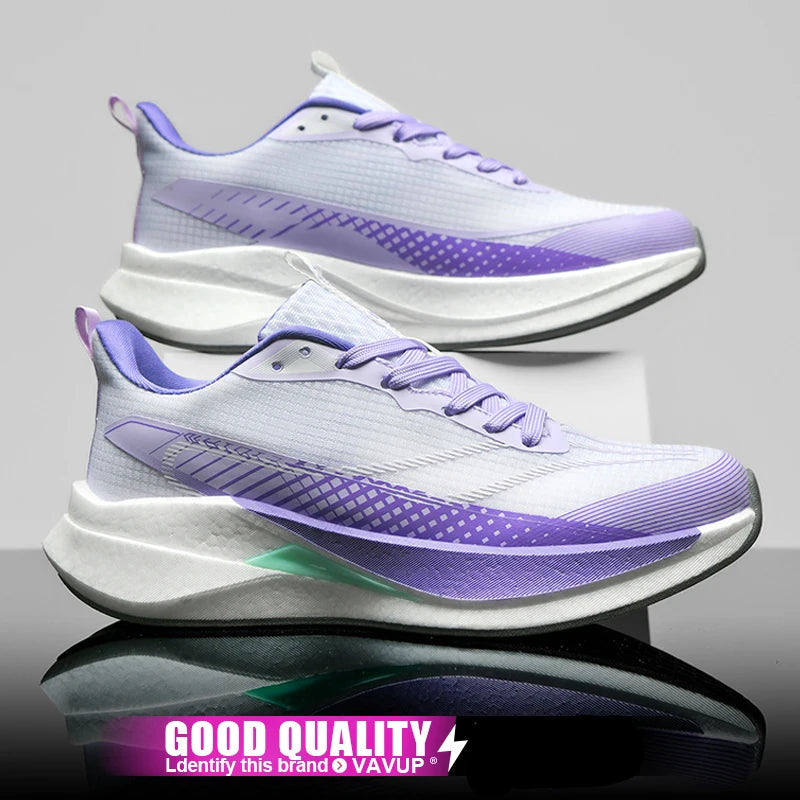 White and purple running shoes with a promotional banner at the bottom.