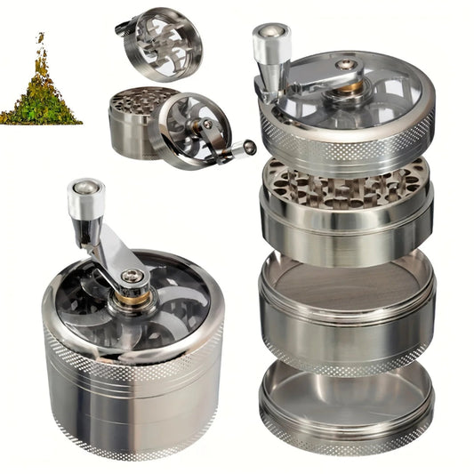 Metal grinder with multiple parts on a white background