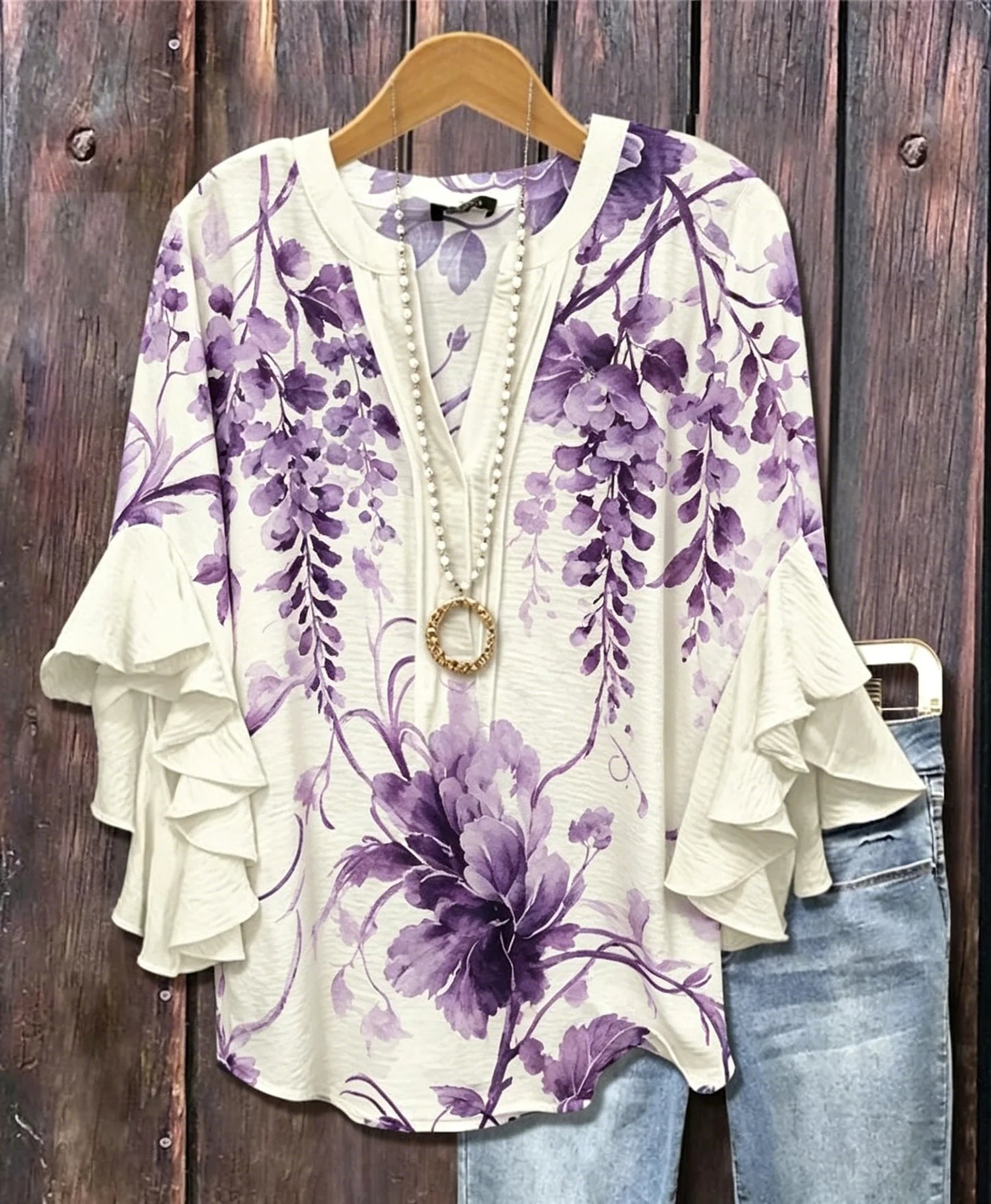 Women's V Neck Ruffle Half Sleeve Floral Print Blouse, Casual Daily Holiday Tops White Green Spring Summer