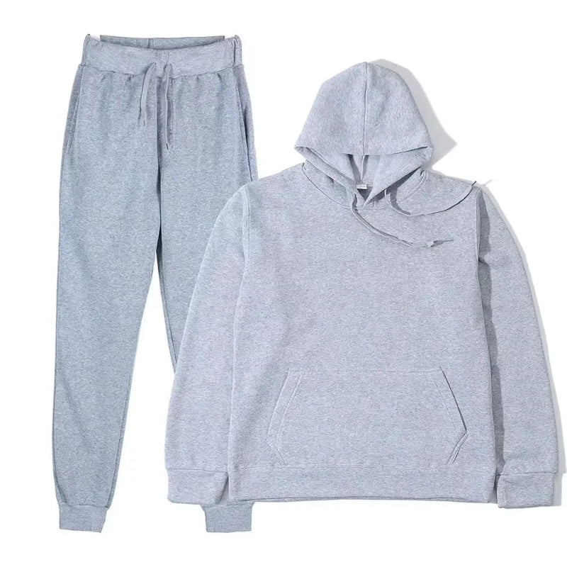 Unisex solid color fleece hoodie and pants two‑piece sports set for autumn and winter L gray