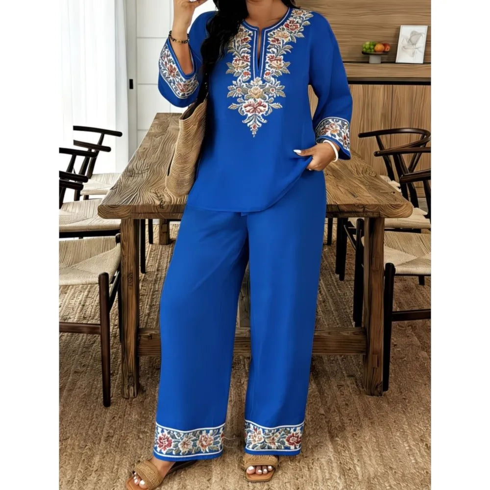 Fashion Retro Printed Long-sleeved O Neck Shirt And Trousers Women's Suit Autum Loose Simple Ethnic Female Trousers 2-piece Set