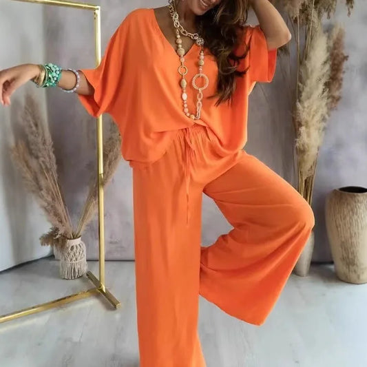 Women’s 2-piece vacation outfit V-neck blouse and wide leg beachwear pants set  orange