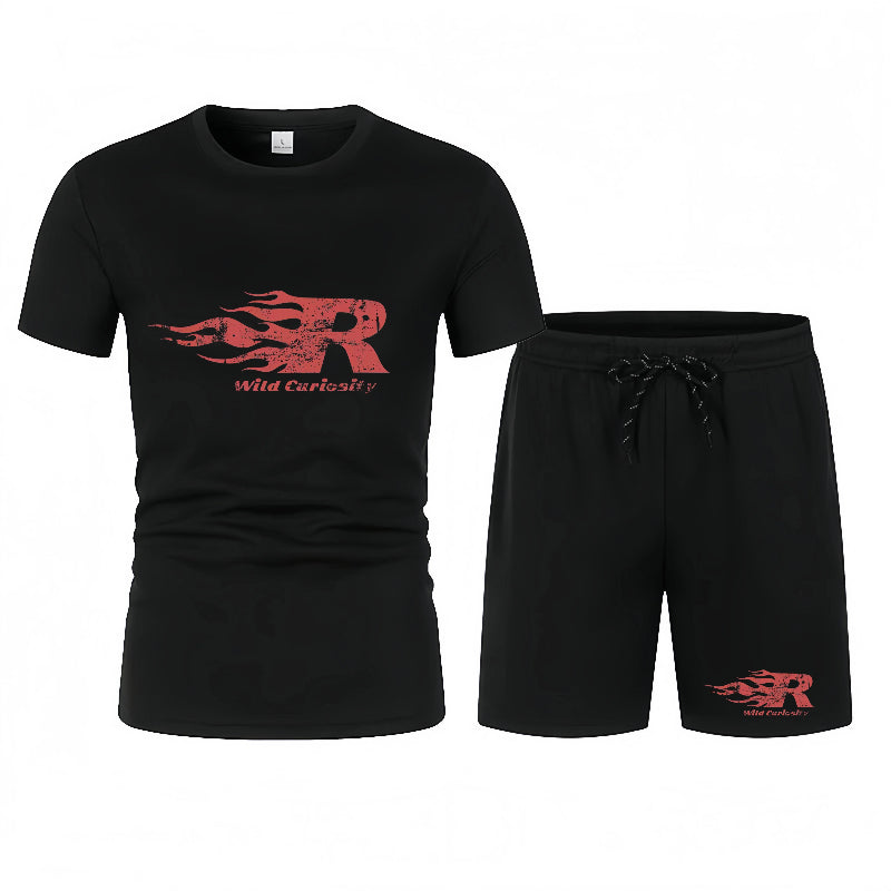 Black t-shirt and shorts set with red logo and text on a white background