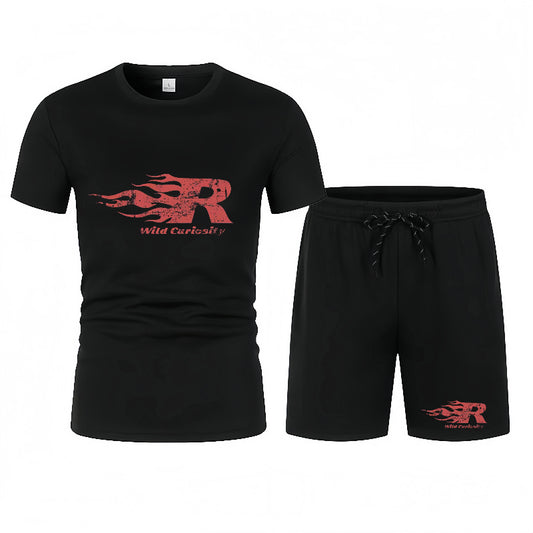 Black t-shirt and shorts set with red logo and text on a white background