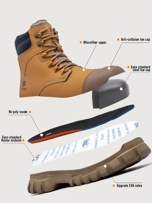 Brown work boot with labeled components on a gray background