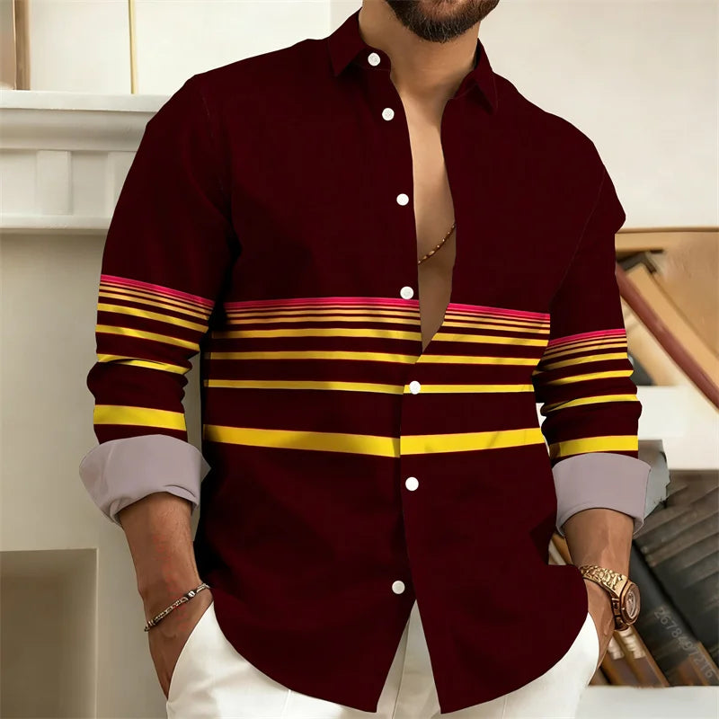 Man wearing a maroon shirt with yellow stripes in an indoor setting