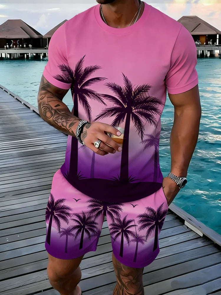 Popular Coconut Tree Printed T-shirt Sets Hawaii Style Tee Shorts Outfits Summer Vacation Two-piece Sets Hot Sell Men's Clothing