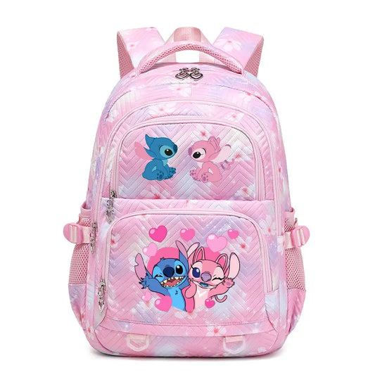 Pink backpack with cartoon characters on a white background
