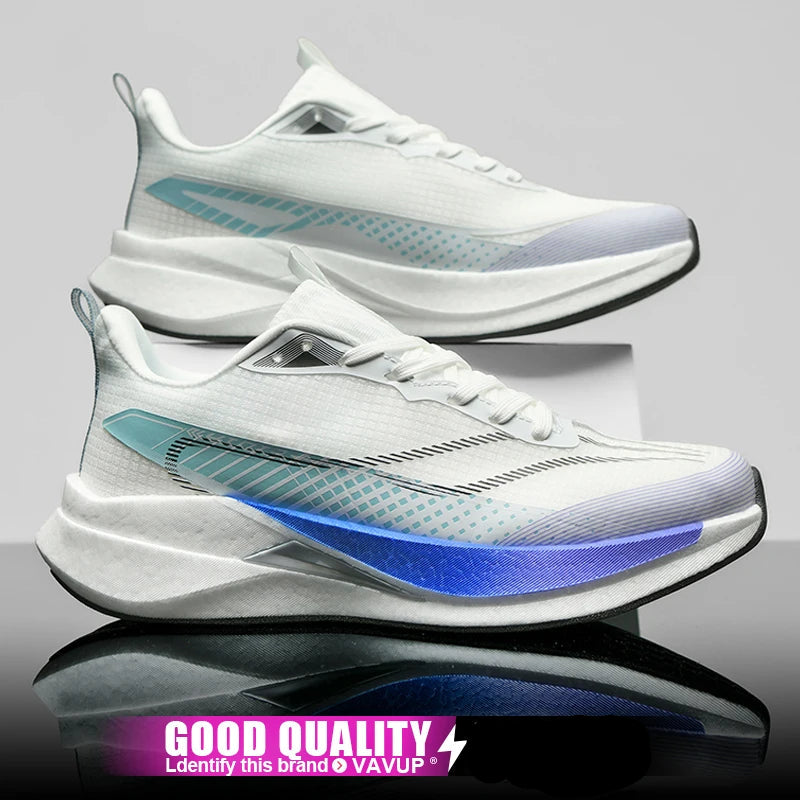 White running shoes with blue accents on a reflective surface, featuring a promotional text overlay.