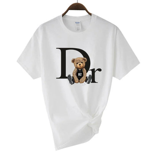 Luxury brand-inspired women’s T-shirt with cute bear print graphic, perfect for casual summer fashion wear