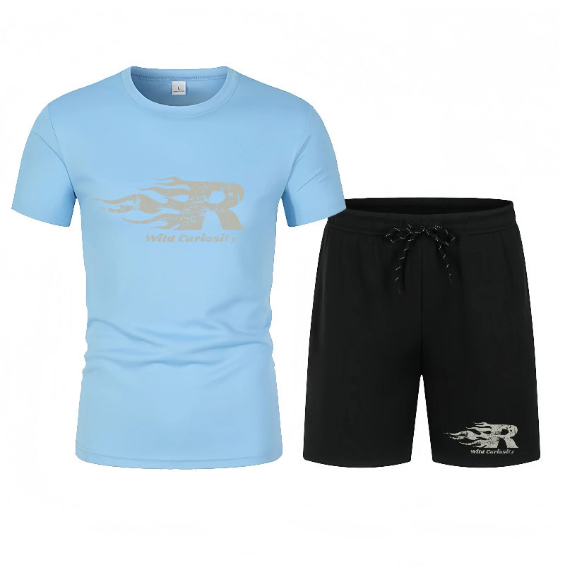 Light blue t-shirt and black shorts with a logo on a white background