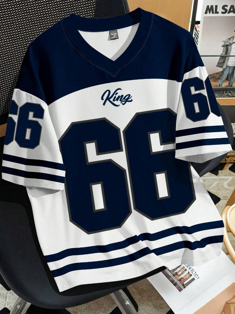 Women Clothing No.66 V-neck Football Jersey  -white blue