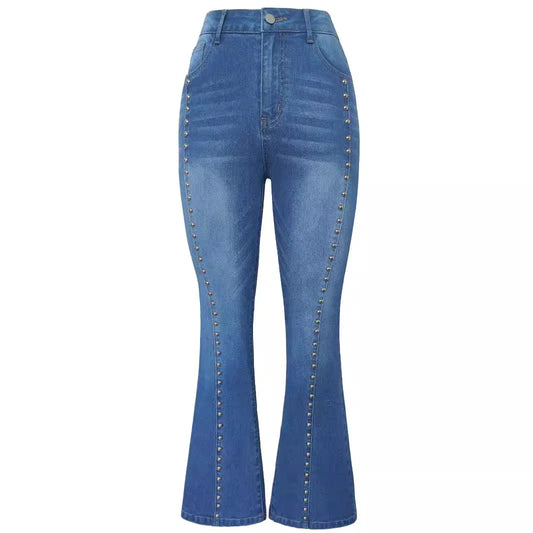 2026 Denim Flare Pants Women Jeans Boot Cut Streetwear Rivet Pockets Button High Waist Stretch Distressed Washed Skinny Trousers