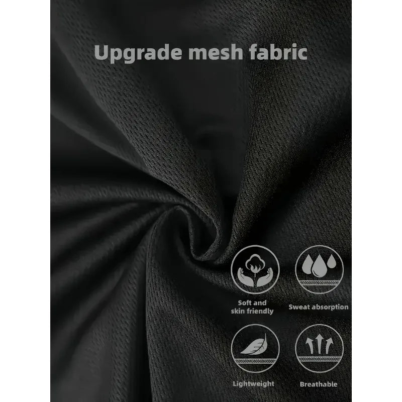 Black mesh fabric with features labeled on a white background
