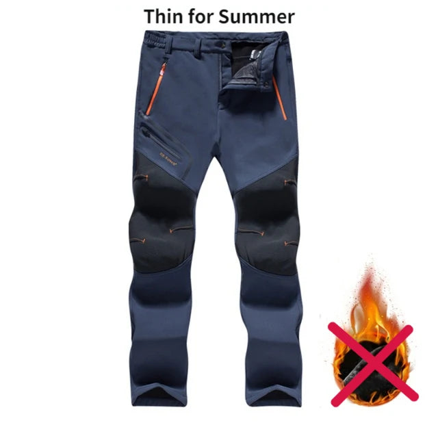 Blue pants with orange zippers on a white background, labeled 'Thin for Summer'.